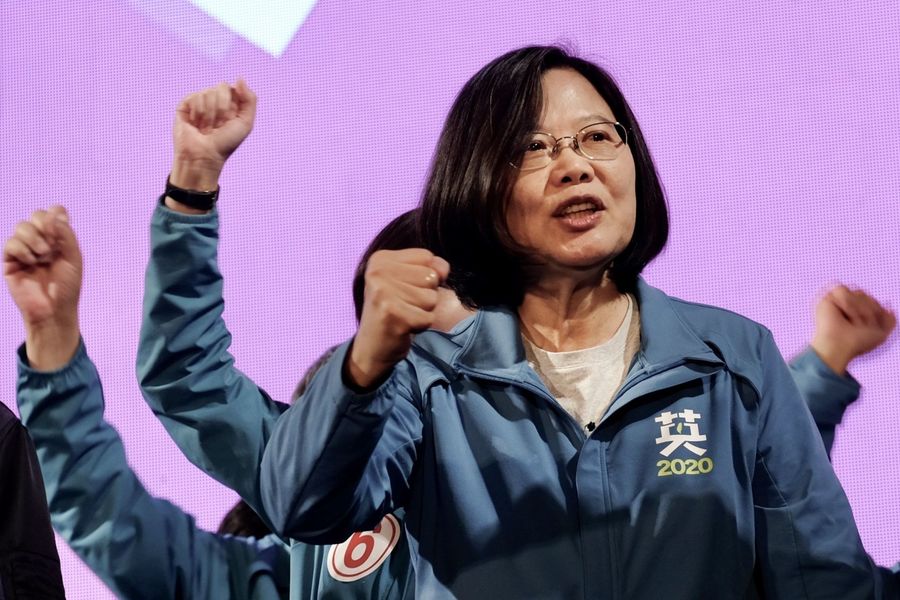 This photo taken on 5 January 2020 shows Tsai Ing-wen gesturing during a campaign rally at the Xinzhuang Stadium in New Taipei City. (Sam Yeh/AFP)