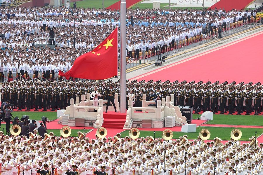 Military band members play the national anthem during a flag-raising ceremony at the event marking the 100th founding anniversary of the Communist Party of China, on Tiananmen Square in Beijing, China, 1 July 2021. (CNS photo via Reuters)