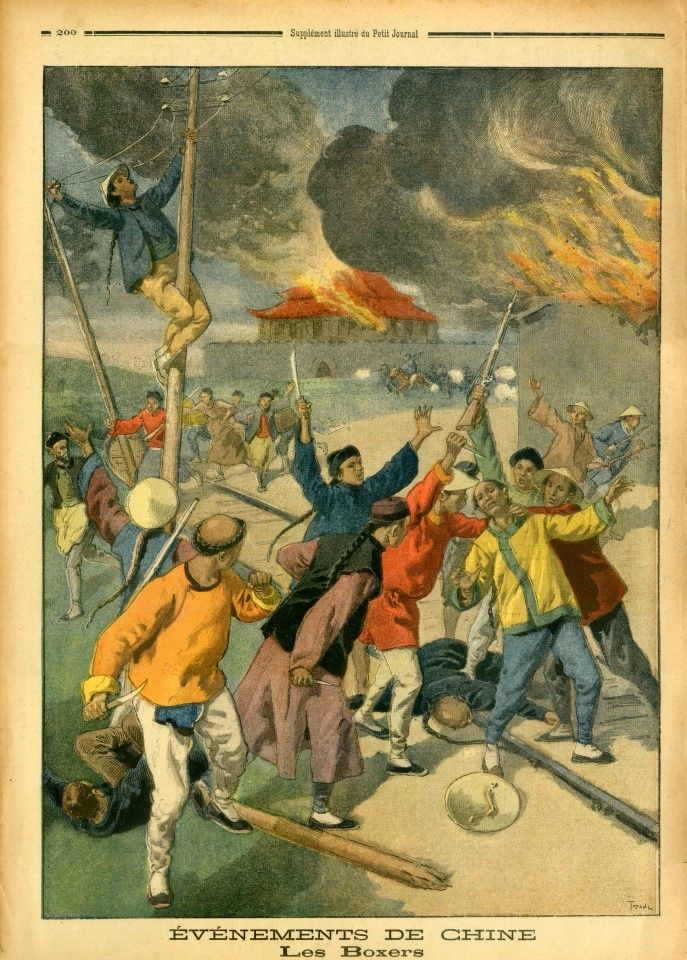 A colour supplement of Le Petit Journal from 1900 shows the Boxers damaging power lines and poles.