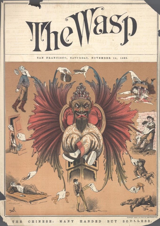 The cover illustration of The Wasp magazine, November 1885, depicting China as "many handed but soulless".