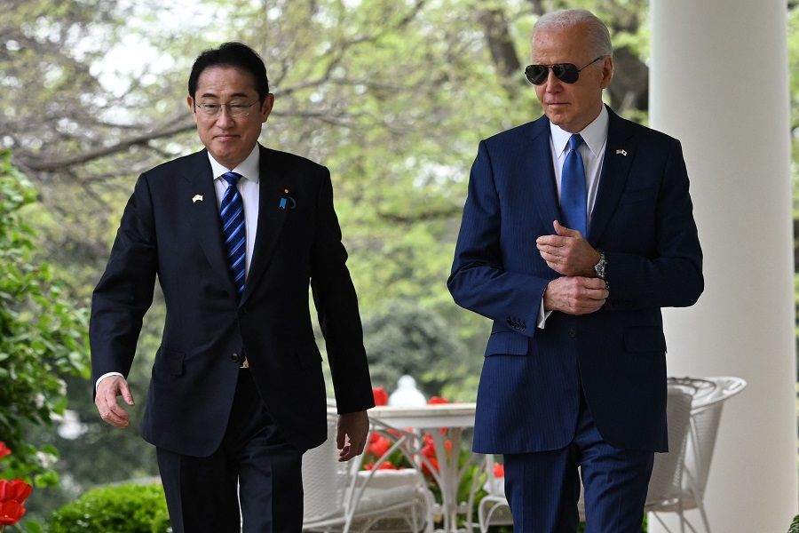 US President Joe Biden and Japanese Prime Minister Fumio Kishida arrive for a joint press conference in the Rose Garden of the White House in Washington, DC, on 10 April 2024. (Saul Loeb/AFP)