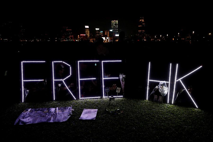 The words "Free HK" seen in Tamar Park during a prayer and remembrance ceremony in Hong Kong. (Shannon Stapleton / Reuters)