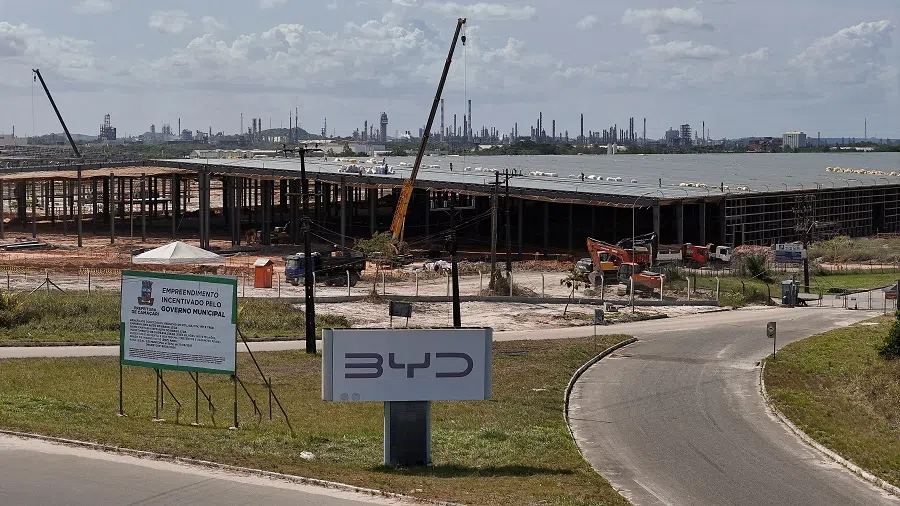 A drone view shows BYD’s new electric vehicle (EV) factory’s construction site in Camacari, Brazil, on 26 December 2024. (Joa Souza/Reuters)