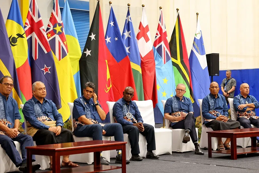 This photo taken on 10 September 2025, shows leaders of Pacific Islands nations sitting together during the Pacific Islands Forum summit in Honiara, the capital of the Solomon Islands.