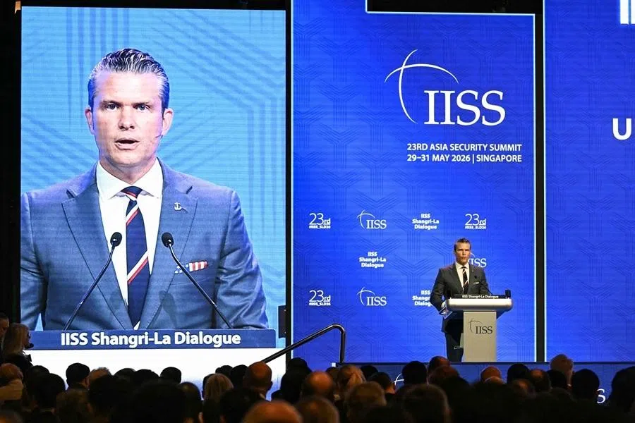 US Secretary of War Pete Hegseth speaks during the 23rd Shangri-La Dialogue summit in Singapore on 30 May 2026.