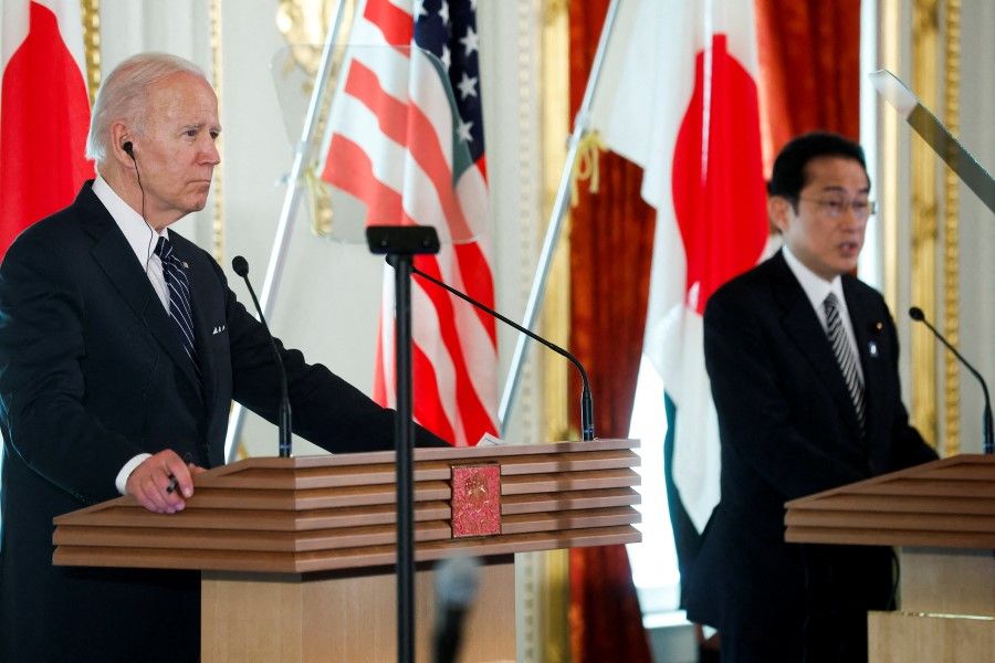 US President Joe Biden and Japan's Prime Minister Fumio Kishida at a joint news conference after their bilateral meeting at Akasaka Palace in Tokyo, Japan, 23 May 2022. (Jonathan Ernst/Reuters)
