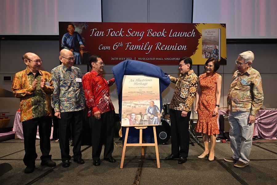 (Left to right) Independent researcher Lim How Seng; historian Kua Bak Lim; chairman of the Tan Tock Seng Medifund committee Roney Tan; Deputy Prime Minister Heng Swee Keat; chief executive of the National Heritage Board Chang Hwee Nee; and retiree Kenneth Tan who is a sixth-generation Tan descendent, during the launch of the book, An Illustrious Heritage - The History of Tan Tock Seng and Family, on 26 July 2022. (SPH Media)