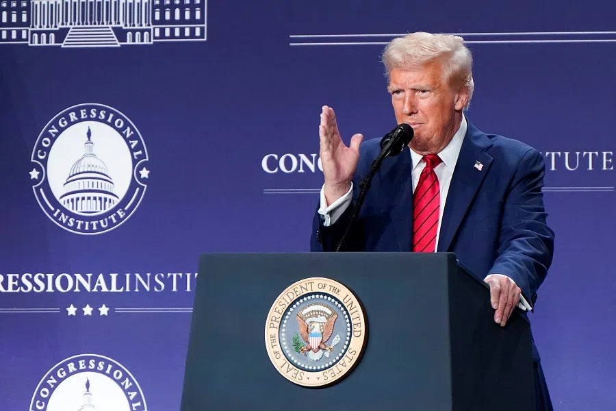 US President Donald Trump gestures during a House Republican members conference meeting in Trump National Doral resort, in Miami, Florida, US, on 27 January 2025.