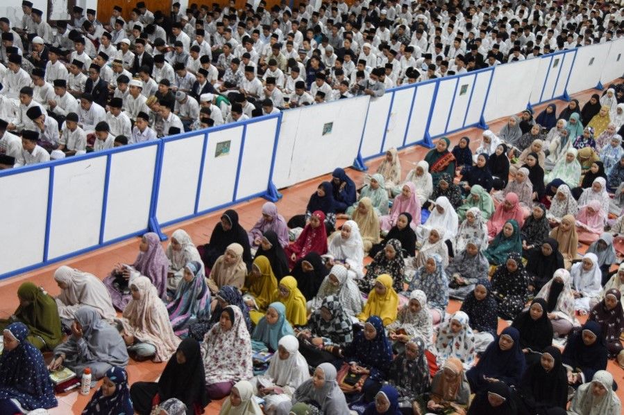 Students pray at Darussalam Islamic Boarding School in Ciamis, West Java province, Indonesia, 3 October 2022. (Adeng Bustomi/Antara Foto via Reuters)
