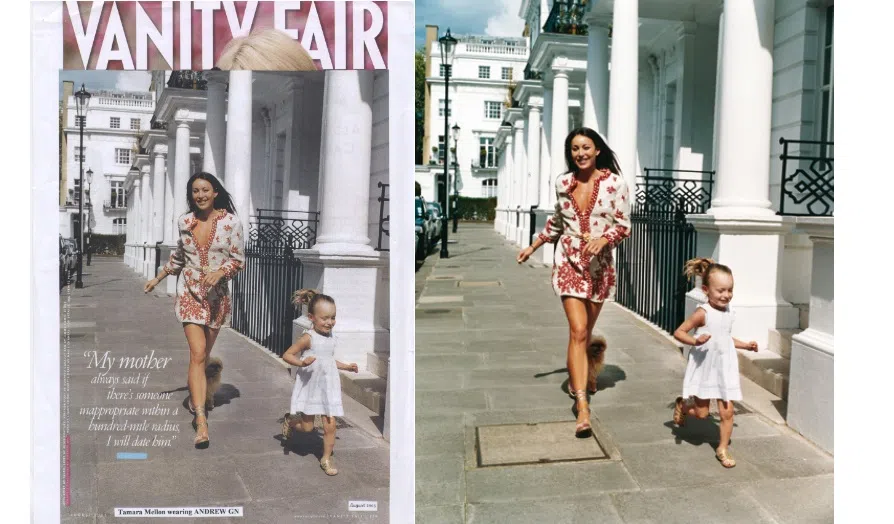 Tamara Mellon wearing Andrew Gn Spring-Summer 2005 runway sequined coat-dress with coral motif, shot by Vanity Fair USA, August 2005.