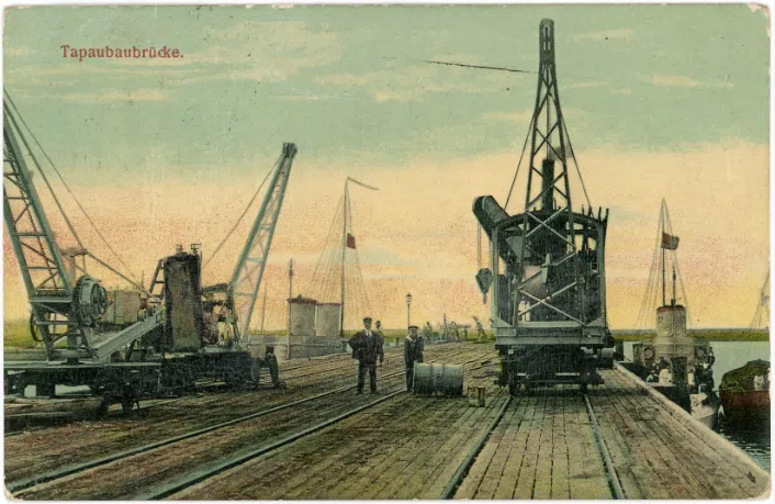 A colour postcard of the wooden tracks and rails at Zhanqiao in Qingdao, 1900s.