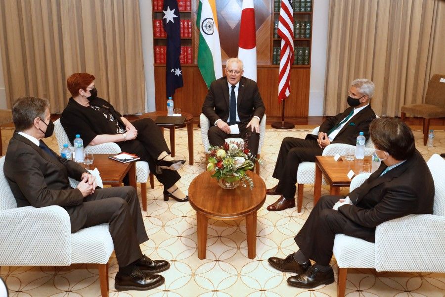 Australian Prime Minister Scott Morrison (centre) addresses US Secretary of State Antony Blinken (left), Australian Minister for Foreign Affairs Marise Payne (second from left), Indian Minister of External Affairs Dr S. Jaishankar (second from right) and Japanese Minister for Foreign Affairs Hayashi Yoshimasa (right) before a meeting at the Melbourne Commonwealth Parliament Offices in Melbourne on 11 February 2022. (Darrian Traynor/AFP)