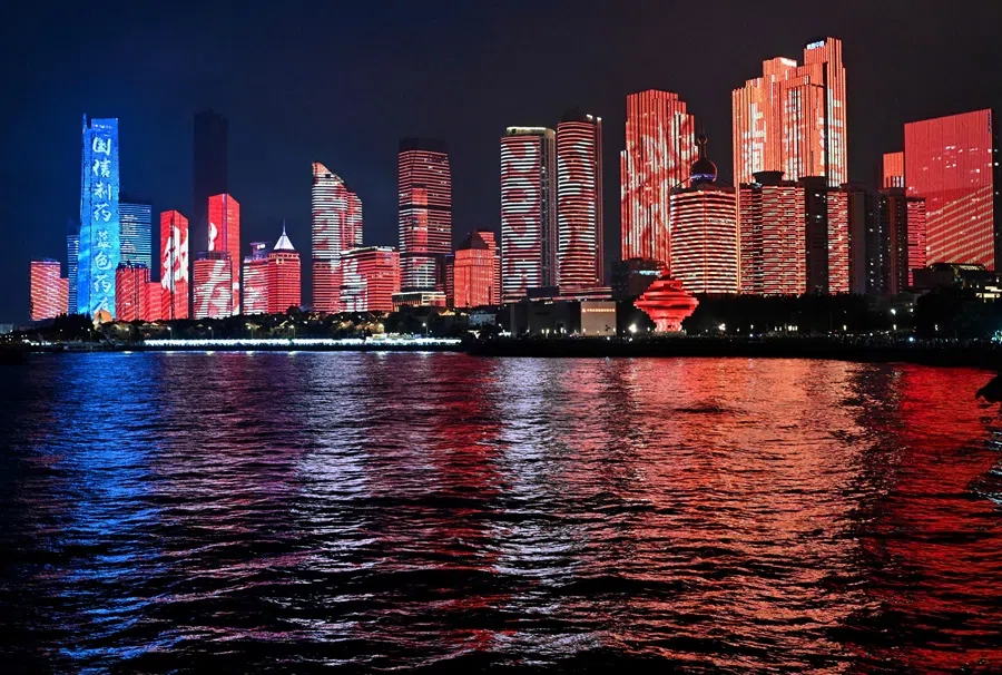 A light show is seen at the May Fourth Plaza in Qingdao, China’s eastern Shandong province on 25 July 2025. (Adek Berry/AFP)