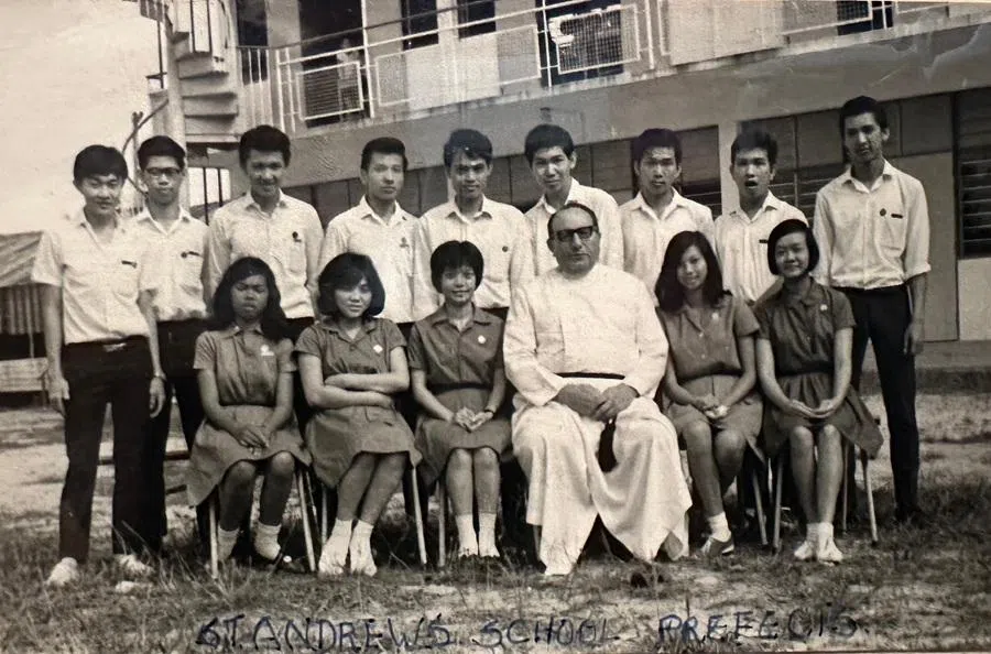 My father (back row, third from left), in a group photo of school prefects, with the principal of St Andrew’s School, Father Matthew. Brunei, circa 1965.