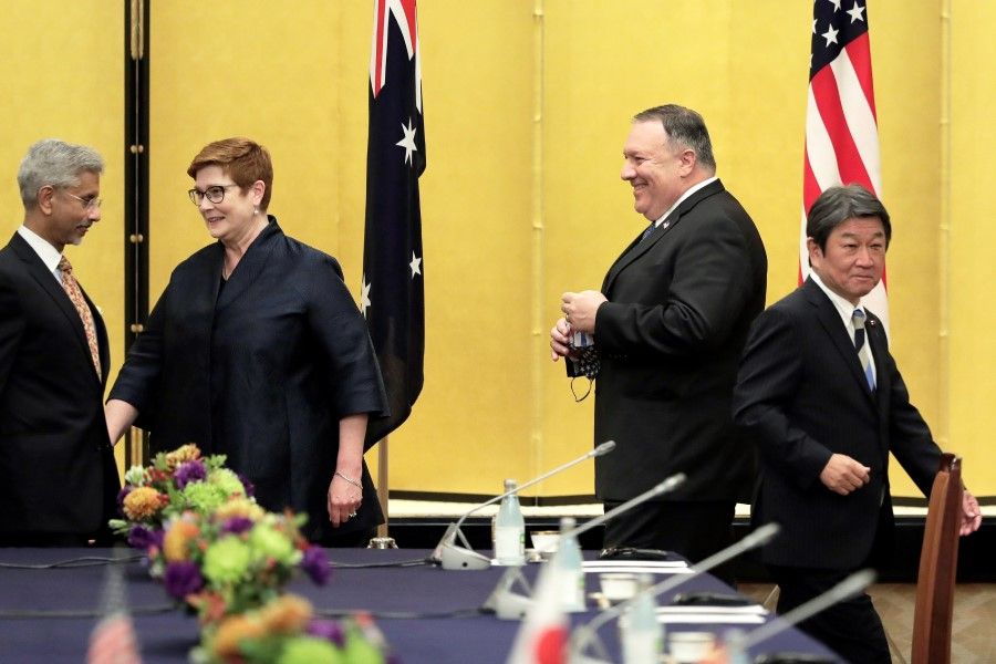 US Secretary of State Mike Pompeo (second from right), Japan's Foreign Minister Toshimitsu Motegi (right), India's Foreign Minister Subrahmanyam Jaishankar (left) and Australia's Foreign Minister Marise Payne (second from left) take their seats as they attend the four Indo-Pacific nations' foreign ministers meeting in Tokyo on 6 October 2020. (Kiyoshi Ota/AFP)