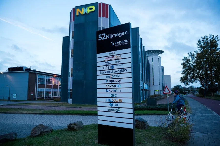 A board listing of companies, including Nexperia Holding BV, that are based in the 52Nijmegen high-rise building on the Noviotech Campus in Nijmegen, Netherlands, on 24 October 2025. (Lina Selg/Bloomberg)