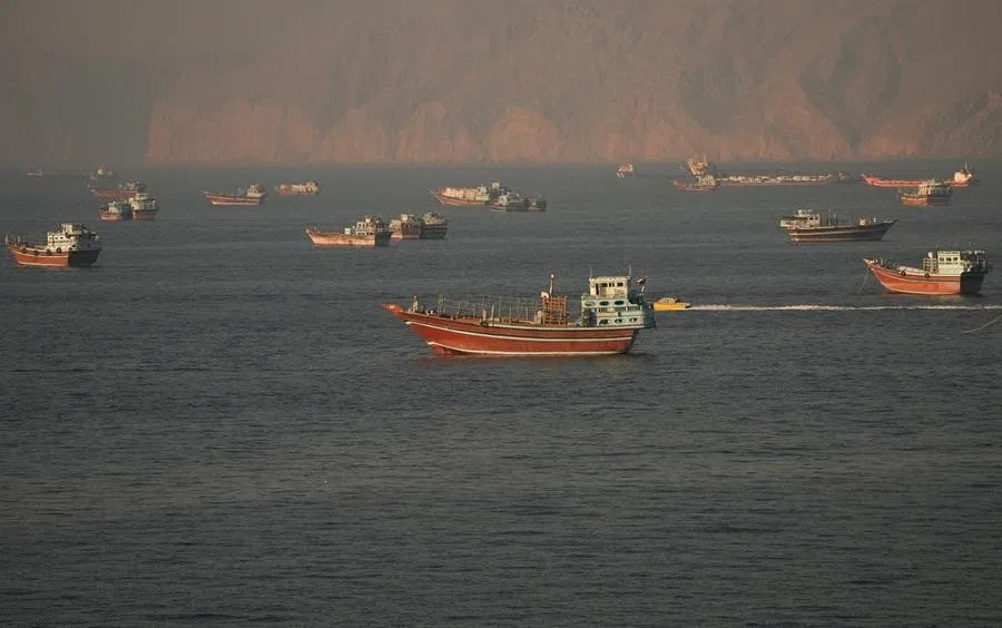 Vessels at the Strait of Hormuz, as seen from Musandam, Oman, on 15 June 2026.