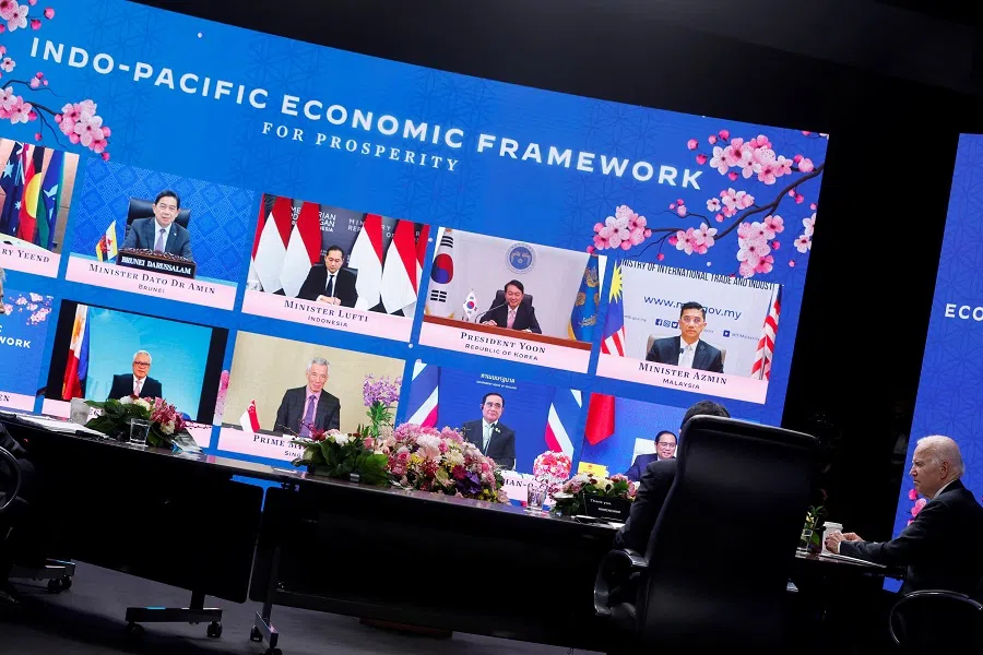 US President Joe Biden listens to other leaders joining the Indo-Pacific Economic Framework for Prosperity launch event virtually, at Izumi Garden Gallery in Tokyo, Japan, 23 May 2022. (Jonathan Ernst/Reuters)
