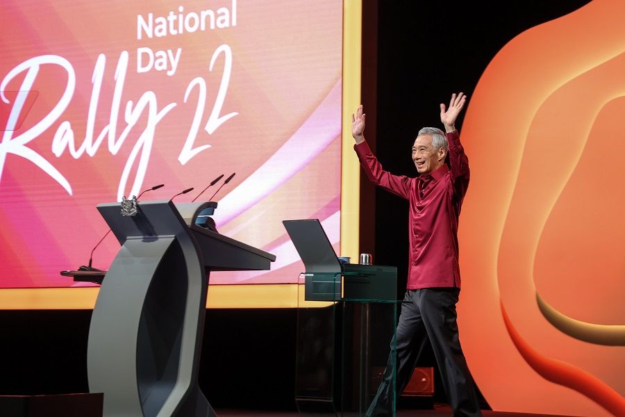 Singapore Prime Minister Lee Hsien Loong waving to the audience at the National Day Rally 2022 at the Institute of Technical Education headquarters in Ang Mo Kio, Singapore, on 21 August 2022. (SPH Media)