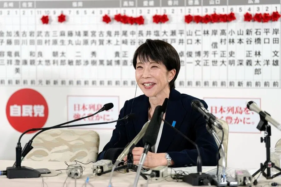 Sanae Takaichi, Japan's prime minister and president of the Liberal Democratic Party (LDP), speaks to the media at the party's headquarters in Tokyo, Japan, on 8 February 2026.