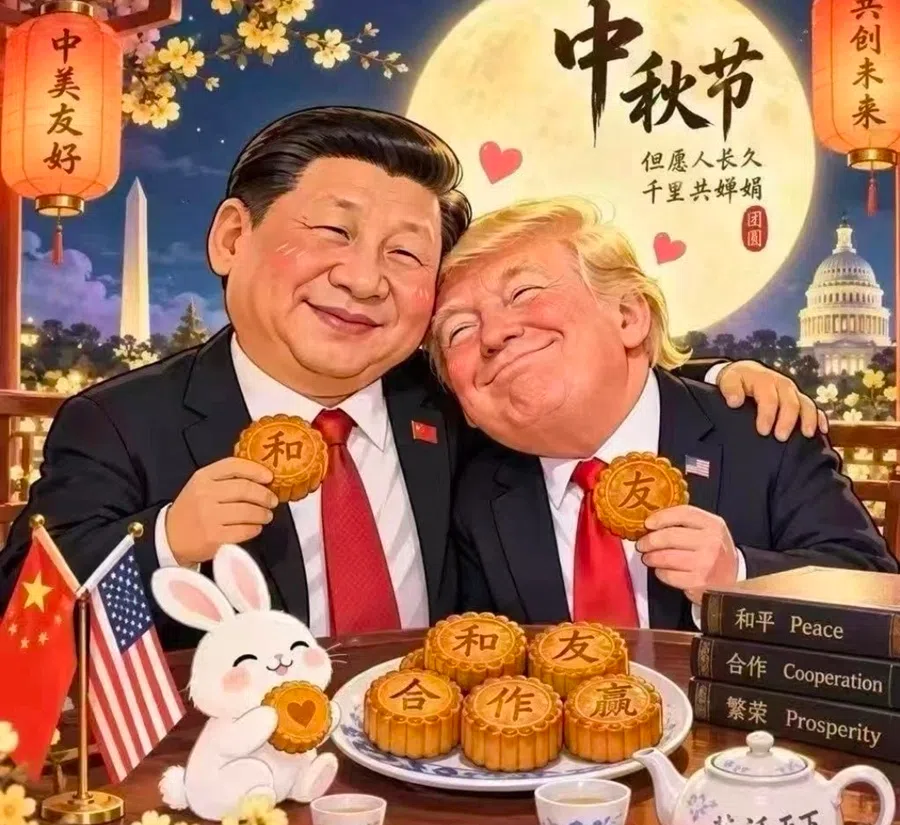 A cartoon circulating online depicting Chinese President Xi Jinping and US President Donald Trump sharing mooncakes during the Mid-Autumn Festival.