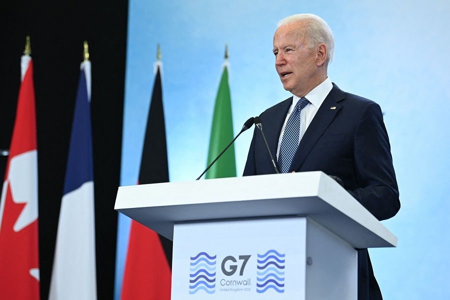 In this file photo, US President Joe Biden takes part in a press conference on the final day of the G7 summit at Cornwall Airport Newquay, near Newquay, Cornwall on 13 June 2021. (Brendan Smialowski/AFP)