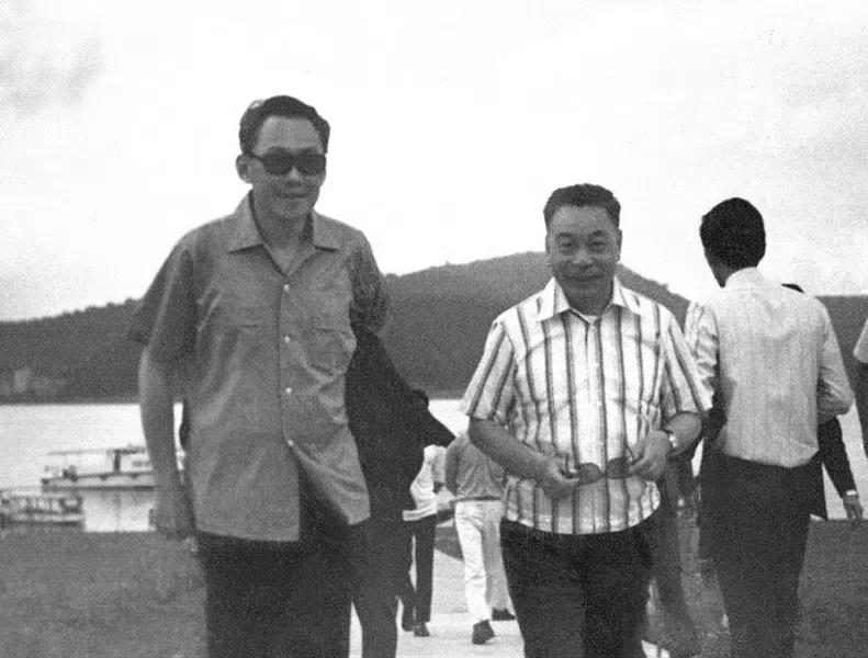 Mr Lee Kuan Yew visiting Sun Moon Lake, a holiday resort in Taiwan, with President Chiang Ching-kuo, in May 1973.