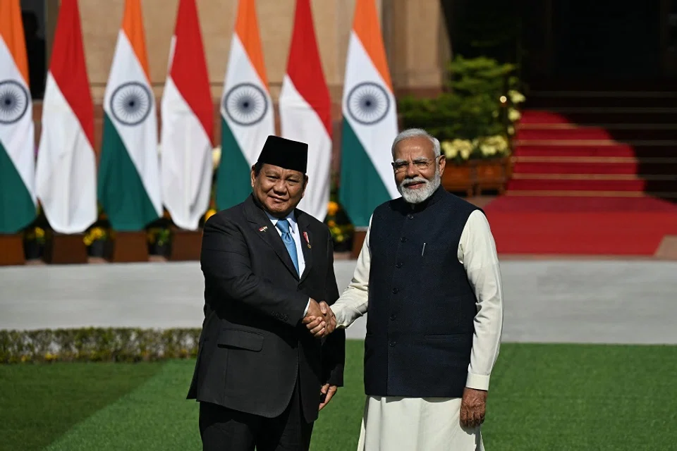 Indonesian President Prabowo Subianto shakes hand with India’s Prime Minister Narendra Modi at Hyderabad House in New Delhi on 25 January 2025. (Money Sharma/AFP)