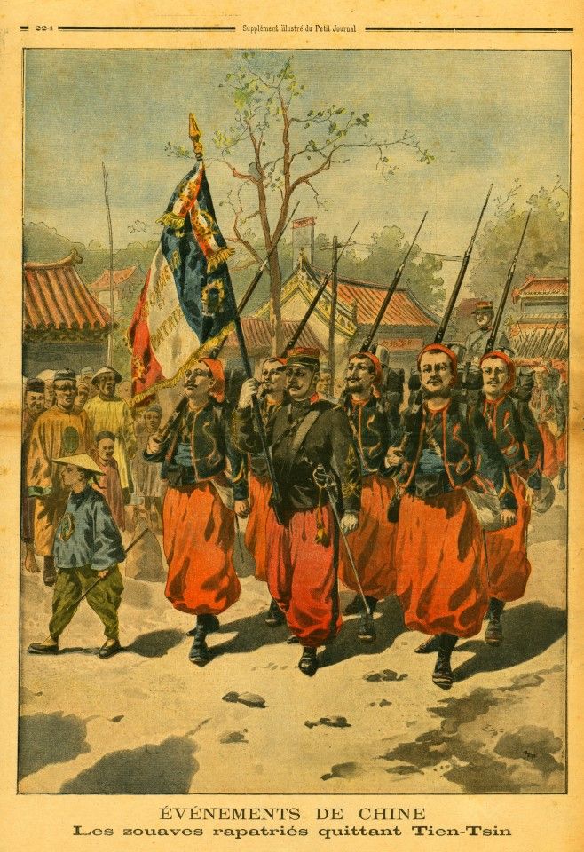 A colour supplement of Le Petit Journal from 1900 shows the Algerian soldiers of the French army leaving Tianjin.