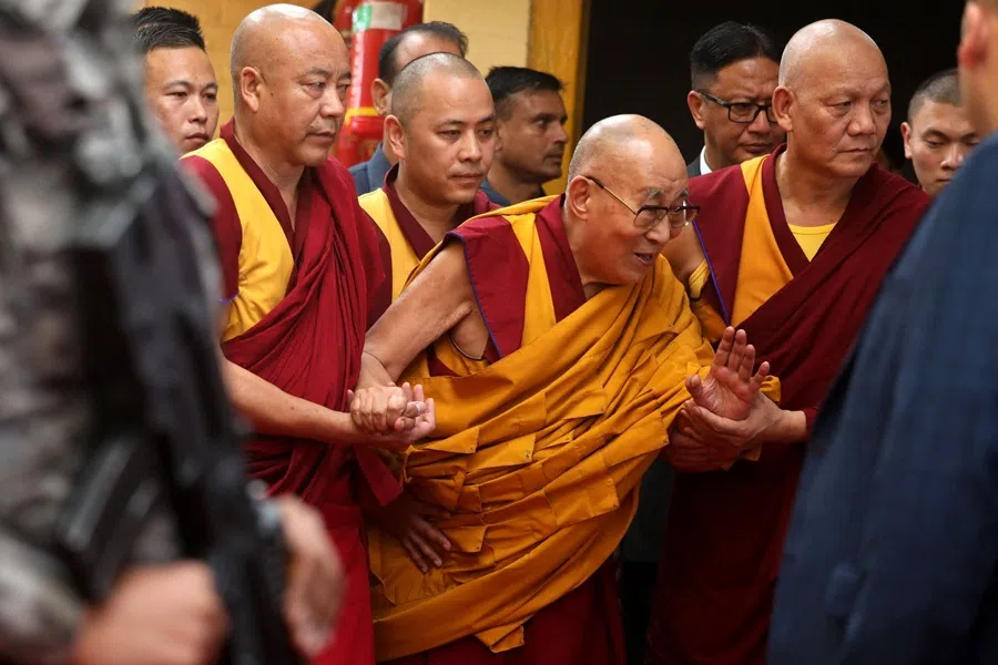 Tibetan spiritual leader Dalai Lama (centre) arrives to attend a Long Life Prayer offering ceremony at the Main Tibetan Temple in McLeod Ganj, near Dharamsala on 10 September 2025. (Sanjay Baid/AFP)