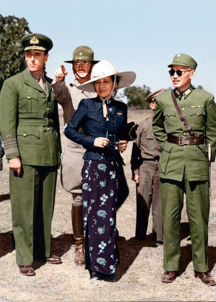 Chiang Kai-shek and Madame Chiang watching exercises by Chinese troops in India, December 1943. On the left is Lord Louis Mountbatten, Supreme Allied Commander Southeast Asia. Previously, the Chinese Expeditionary Force rescued British troops trapped in Burma, stunning the world and winning accolades from the Allies.