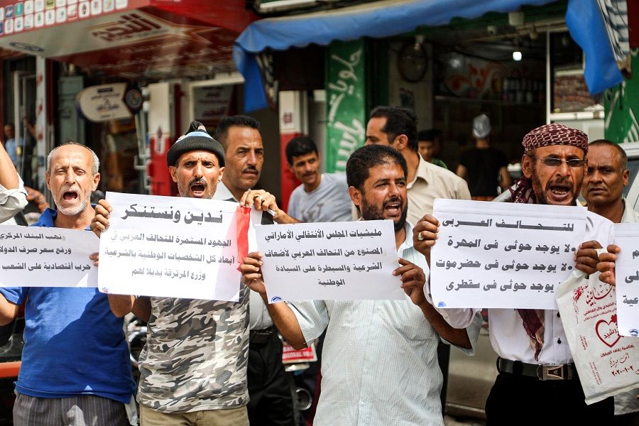Yemenis protest against the United Arab Emirates and the Southern Transitional Council (STC) in the country's city of Taez on 24 June 2020, after the STC's southern separatists seized control of the strategic island of Socotra. (Ahmad Al-Basha/AFP)