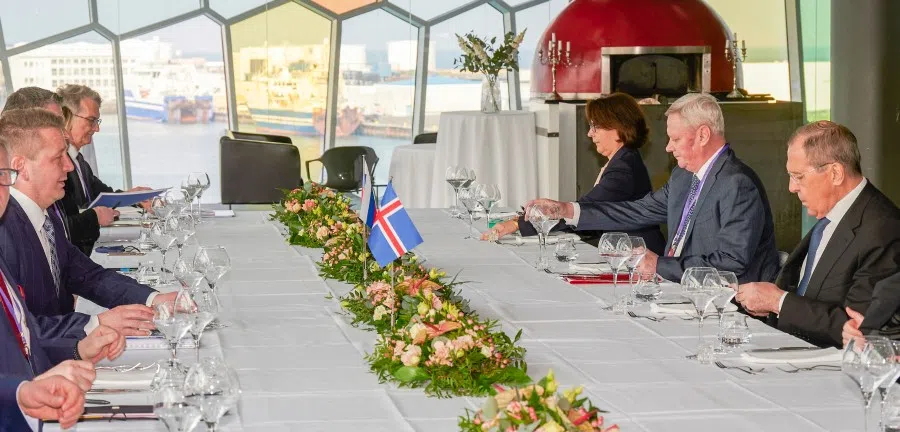 In this file photo taken on 20 May 2021, Russian Foreign Minister Sergei Lavrov (right) and Icelandic Foreign Minister Gudlaugur Thor Thordarson (left) attend a meeting during the 12th Arctic Council ministerial meeting at the Harpa Concert Hall in Reykjavik, Iceland. (Halldor Kolbeins/AFP)
