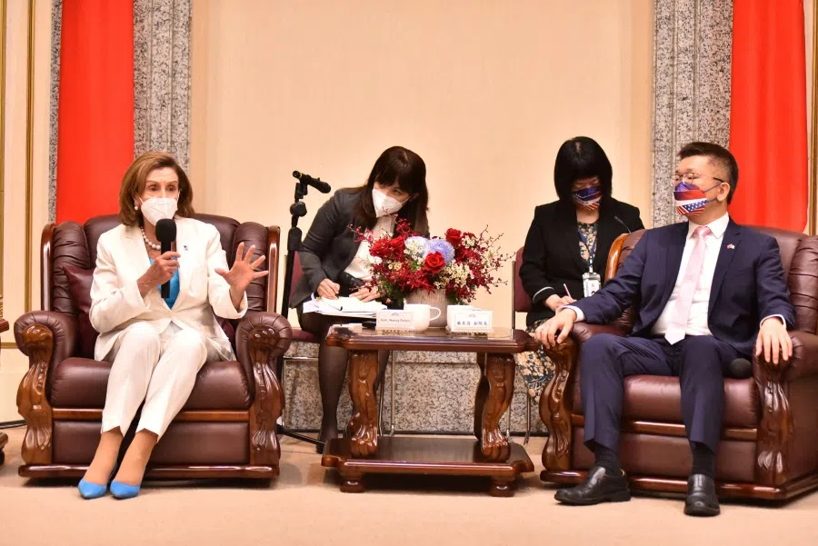 Nancy Pelosi attends a meeting with Legislative Yuan Vice President Tsai Chi-chang at the parliament in Taipei, Taiwan, 3 August 2022. (Central News Agency/Pool via Reuters)