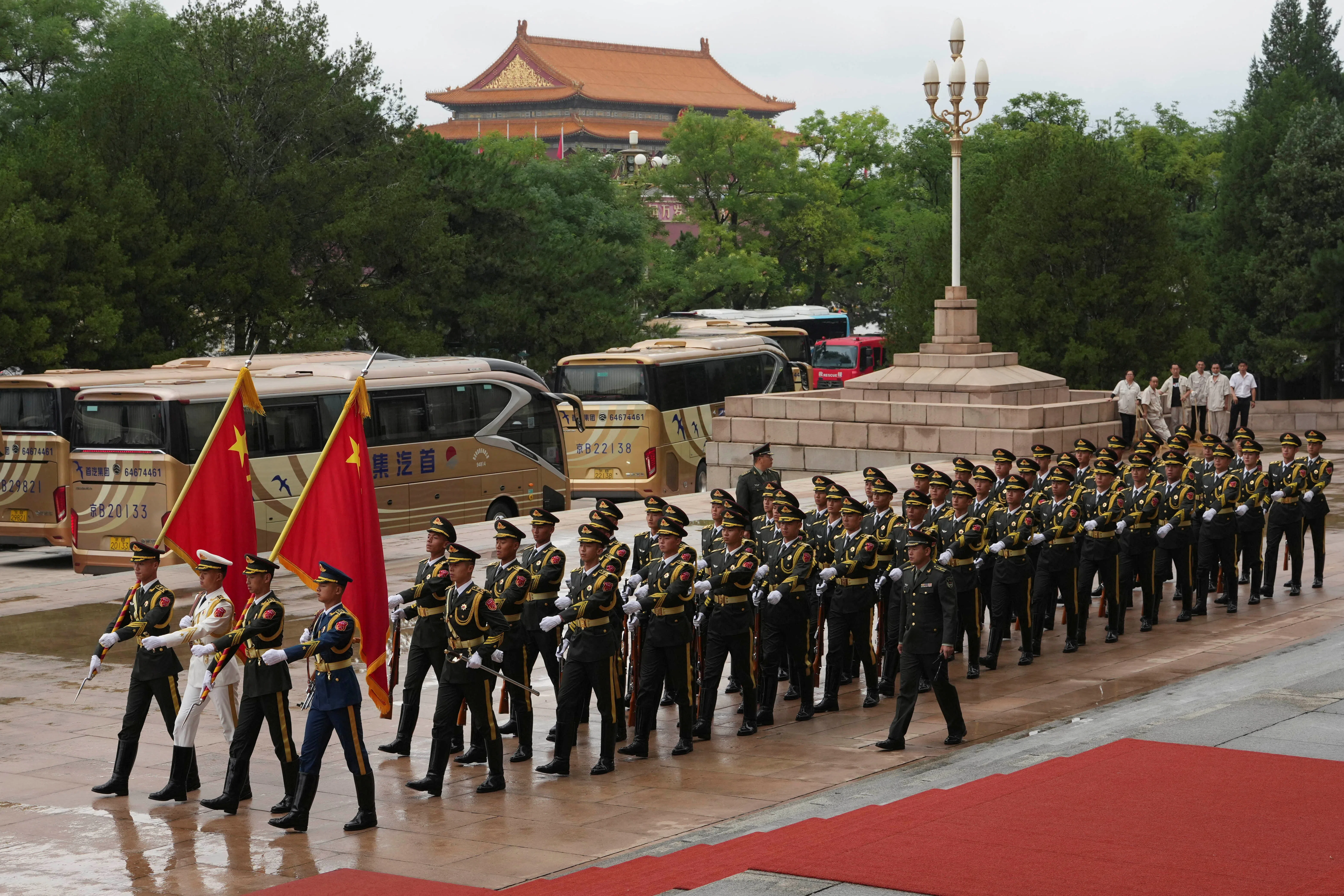 Members of a Chinese honour guard arrive for a welcome ceremony at the Great Hall of the People in Beijing on 10 July 2026.