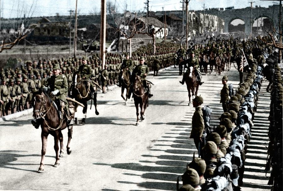 On 27 December 1937, the Japanese made a grand entrance after they took the Chinese capital of Nanjing. Iwane Matsui, commander of the Central China Area Army (on horseback), proudly led the troops into the city. But although the Japanese took Nanjing, the Chinese army and civilians did not give in - the war had only just started.