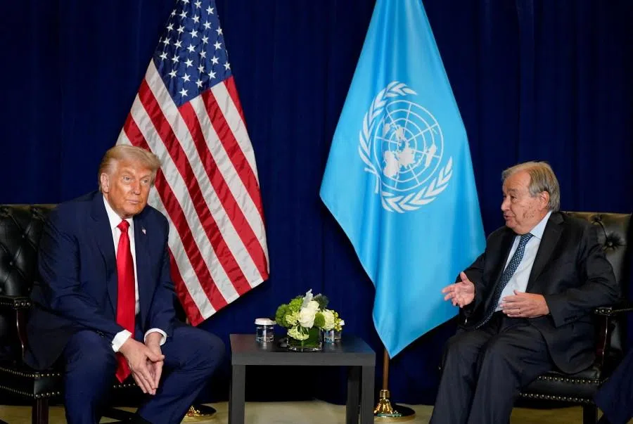 US President Donald Trump meets with United Nations secretary-general Antonio Guterres during the 80th United Nations General Assembly, in New York City, New York, US, on 23 September 2025. (Al Drago/Reuters)