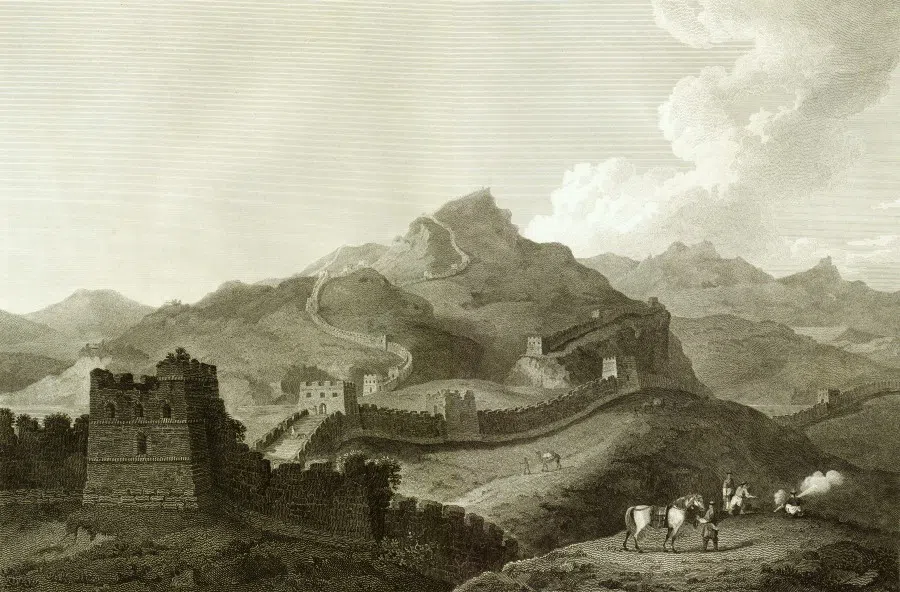 An image by British artist William Alexander showing the Great Wall, on the way from Beijing to Rehe. The delegation was held spellbound by this grand man-made edifice, and Macartney wrote in his journal: "If the other parts of it be similar to those which I have seen, it is certainly the most stupendous work of human hands." Alexander never saw the Great Wall, but drew this imposing section of the wall winding upwards through the mountains near Gubeikou based on his companions' descriptions, as if he saw it for himself.