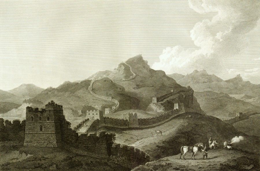 An image by British artist William Alexander showing the Great Wall, on the way from Beijing to Rehe. The delegation was held spellbound by this grand man-made edifice, and Macartney wrote in his journal: "If the other parts of it be similar to those which I have seen, it is certainly the most stupendous work of human hands." Alexander never saw the Great Wall, but drew this imposing section of the wall winding upwards through the mountains near Gubeikou based on his companions' descriptions, as if he saw it for himself.