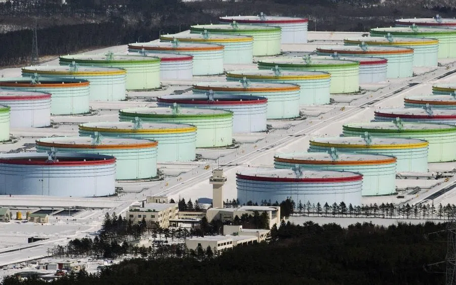 This photo taken on 11 February 2016 shows the Mutsu Ogawara National Oil Stockpiling Base, the first national oil stockpiling base designed to ensure a stable supply of oil in emergencies, in Rokkasho village, Aomori prefecture. (Jiji Press/AFP)