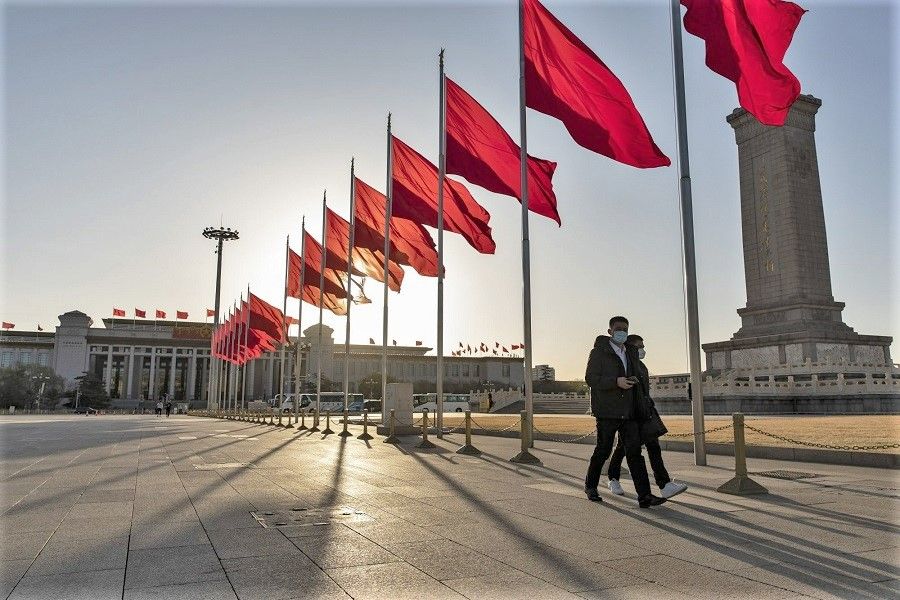 Red flags fly over Tiananmen Square in Beijing, China, on 12 March 2023. (Qilai Shen/Bloomberg)