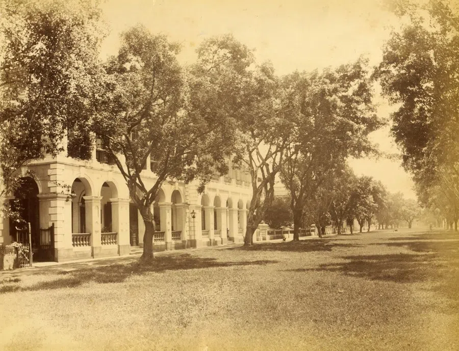 The British concession in Guangzhou in the 1880s, showing characteristic British buildings and parks.