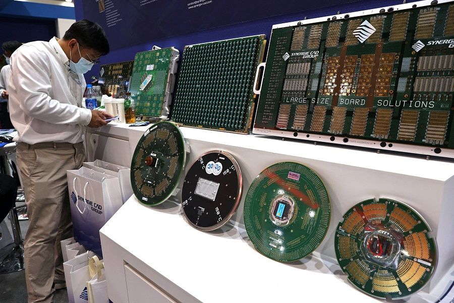 Board solution design samples by Synergie Cad are displayed at SEMICON Taiwan 2022 in Taipei, Taiwan, 14 September 2022. (Ann Wang/Reuters)
