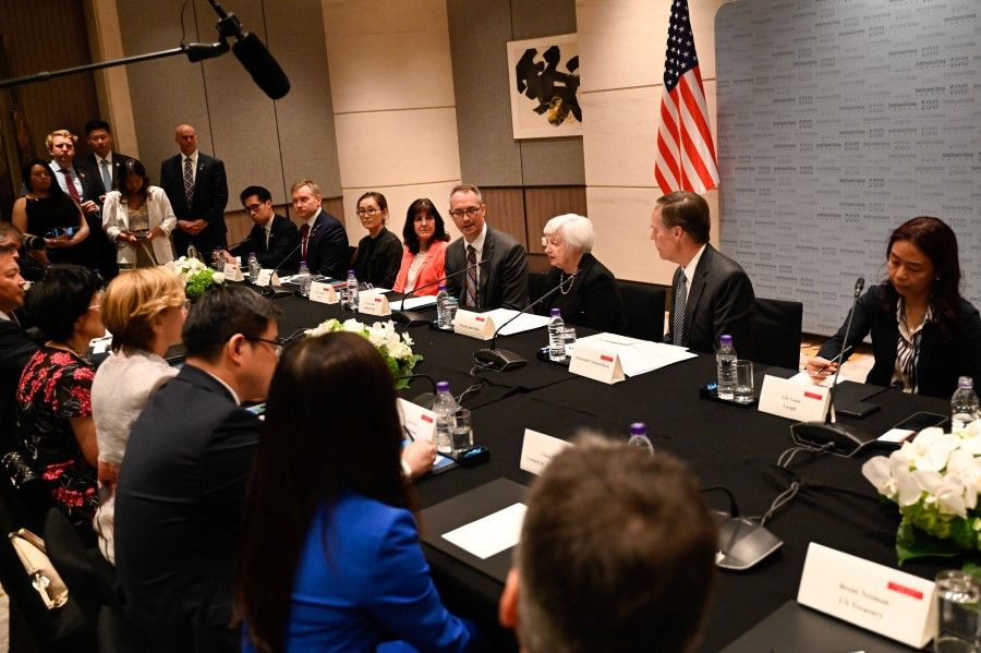 US Secretary of the Treasury Janet Yellen attends a business roundtable with members of the American Chamber of Commerce in China in Beijing on 7 July 2023. (Pedro Pardo/AFP)