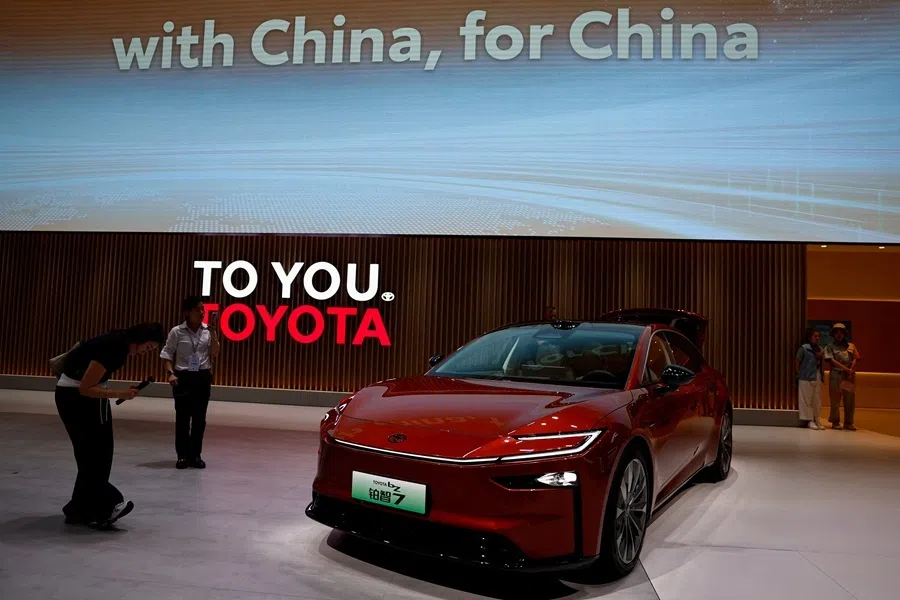 Toyota bZ7 electric sedan is displayed at the Beijing International Automotive Exhibition (Auto China), in Beijing, China, 24 April 2026.