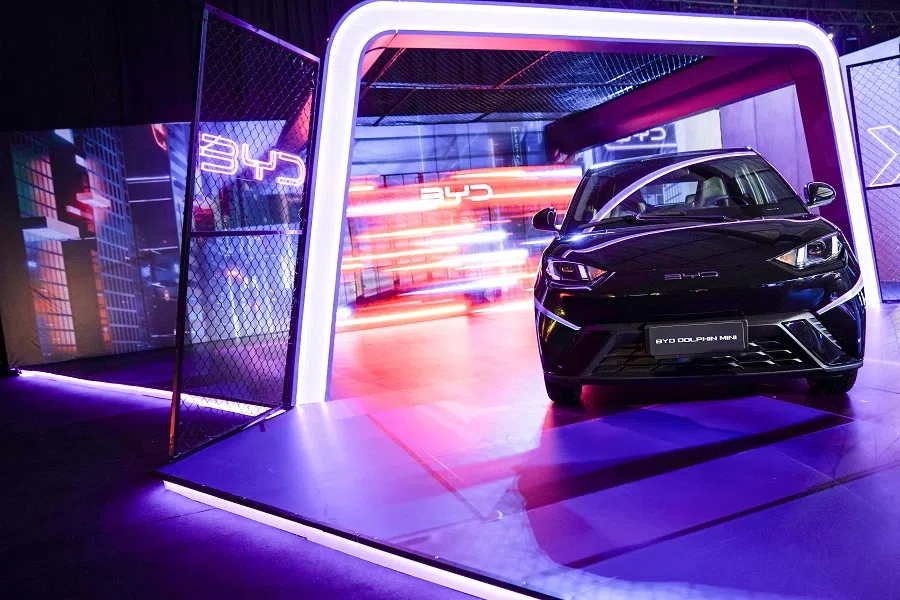 The BYD EV Dolphin Mini is displayed as the Chinese electric-vehicle producer announces the launch of the low-cost EV in Mexico City, Mexico, on 28 February 2024. (Toya Sarno Jordan/Reuters)