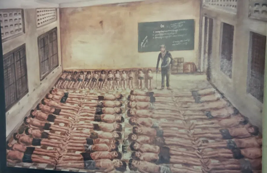 The Cambodian government under Hun Sen displayed a painting depicting the massacres during the Khmer Rouge regime, 1986.