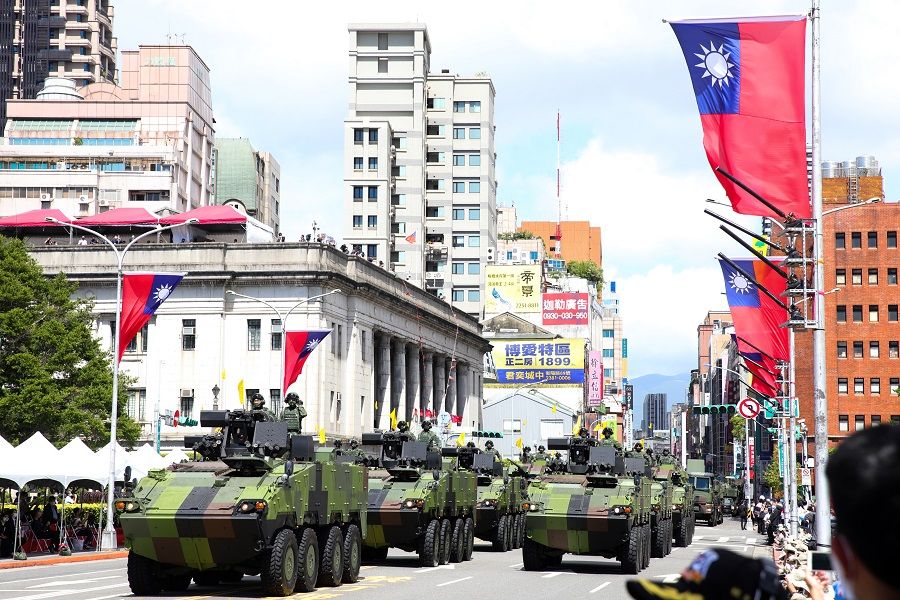 CM32, CM33 and CM34 military tanks pass in front of the Presidential Office during the Double Tenth Day celebration in Taipei, Taiwan, on 10 October 2021. (I-Hwa Cheng/Bloomberg)