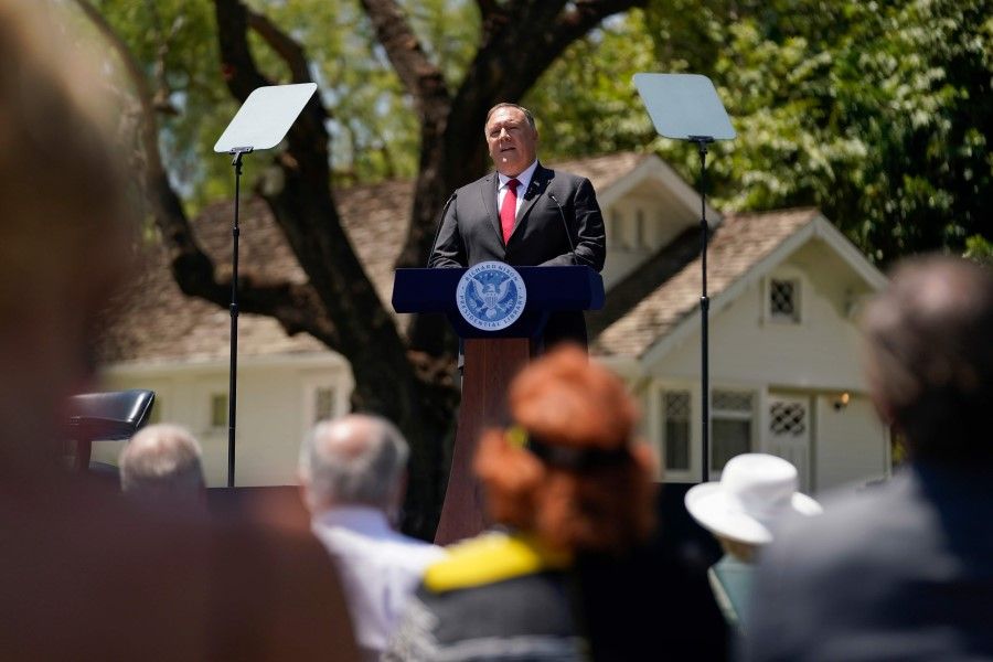 US Secretary of State Mike Pompeo speaks at the Richard Nixon Presidential Library, 23 July 2020. (Ashley Landis/AFP)
