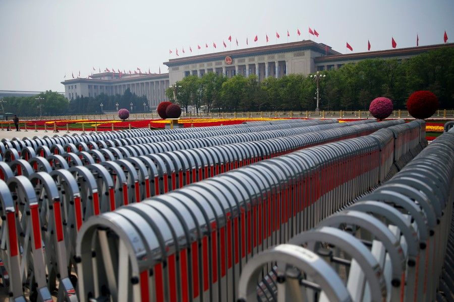 Flower installations to mark the Labour Day holiday are seen on Tiananmen Square in front of the Great Hall of the People, Beijing 1 May 2020. (Tingshu Wang/REUTERS)